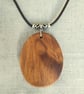 Oval wood and silver long pendant statement necklace on leather cord