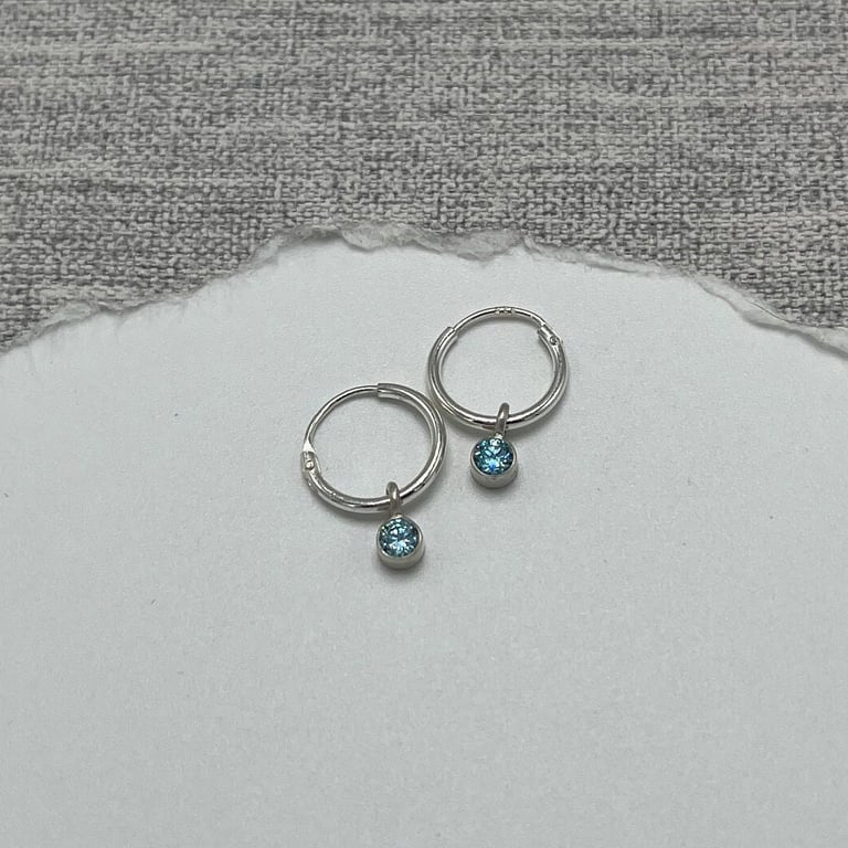 Sky Blue CZ Petite Hoop Earrings - Handmade, Sterling Silver