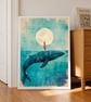 Girl Riding Blue Whale Wall Art, Moonlit Ocean Fantasy Poster (Digital Download) - Image 4