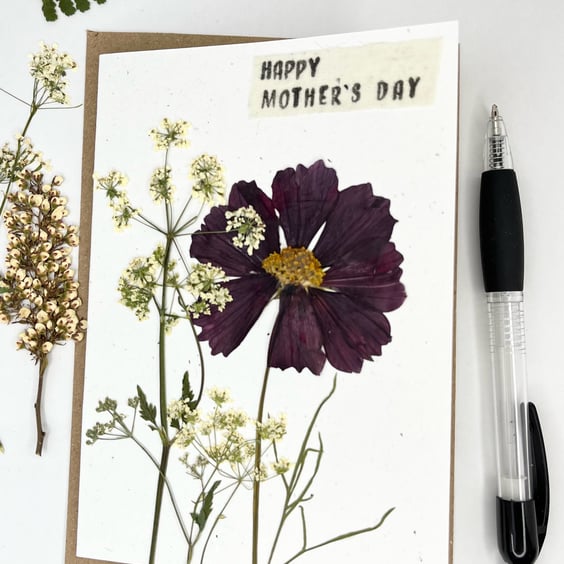 Handmade Real Pressed Cosmos, cow parsley, Mother's day Greeting Card