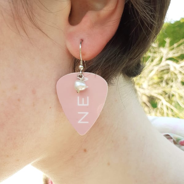 Recycled Pastel Pink Guitar Plectrum Hook Earrings with White Freshwater Pearls