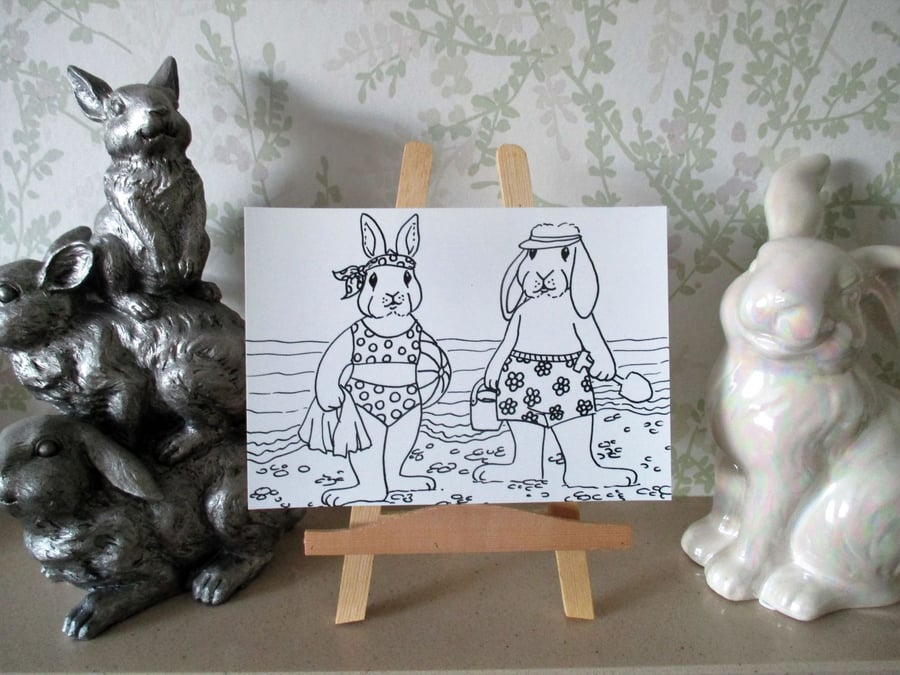 A5 Print Bunny Rabbit Drawing Beach Scene Monochrome Picture Art