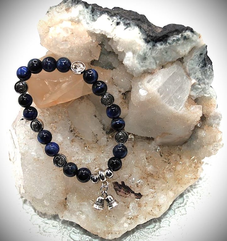Dark Blue Tigers Eye Ying and Yang Stretch Bracelet with Bell Charm. Free UK P&P