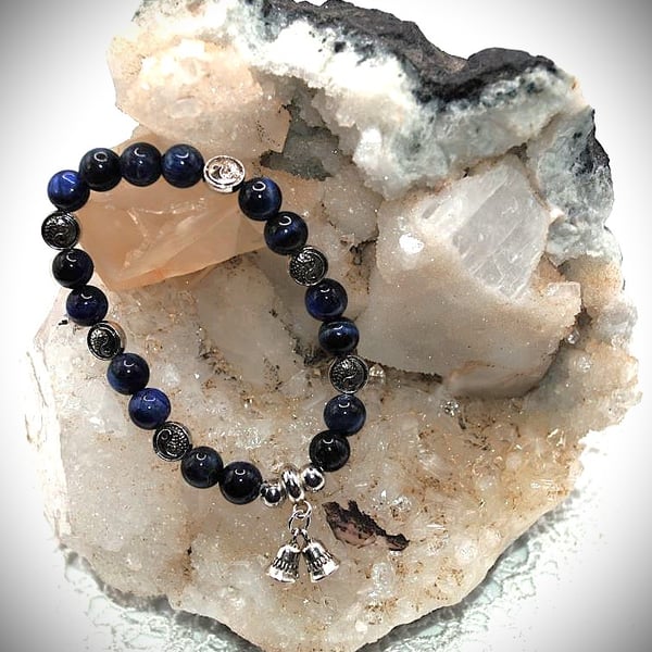 Dark Blue Tigers Eye Ying and Yang Stretch Bracelet with Bell Charm. Free UK P&P