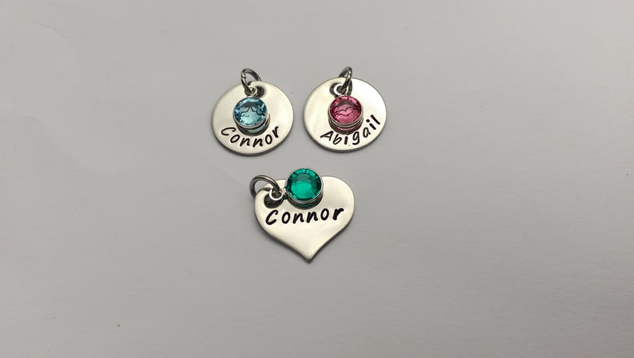 Hand stamped personalised name birthdate circle or heart charm with birthstone