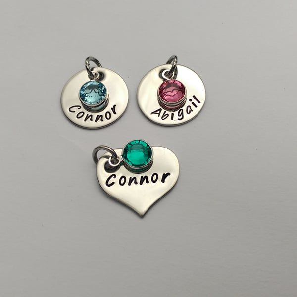 Hand stamped personalised name birthdate circle or heart charm with birthstone
