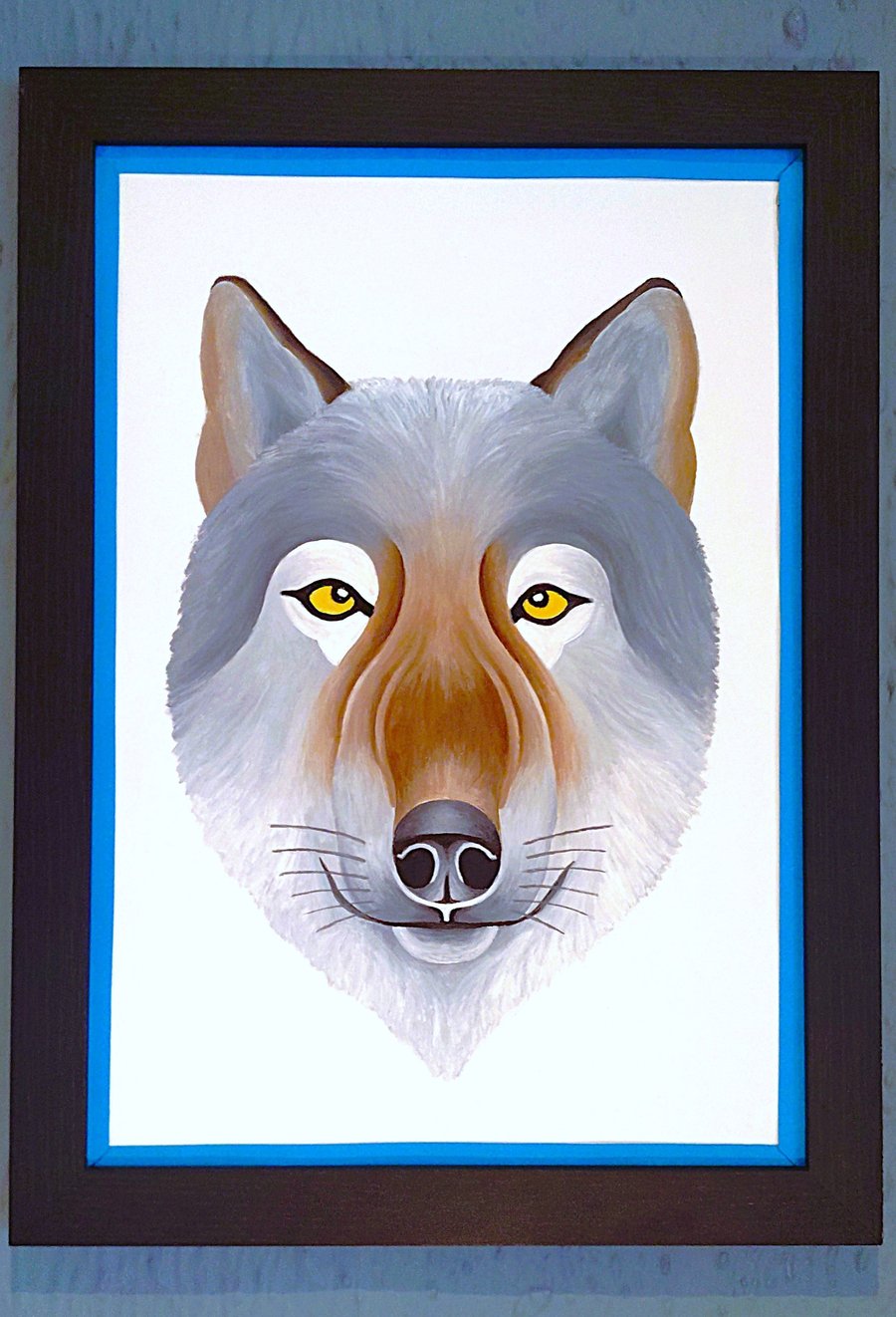 Handmade Unique Framed A3 Print Wolf Portrait Blue Border Wallart Gift Present