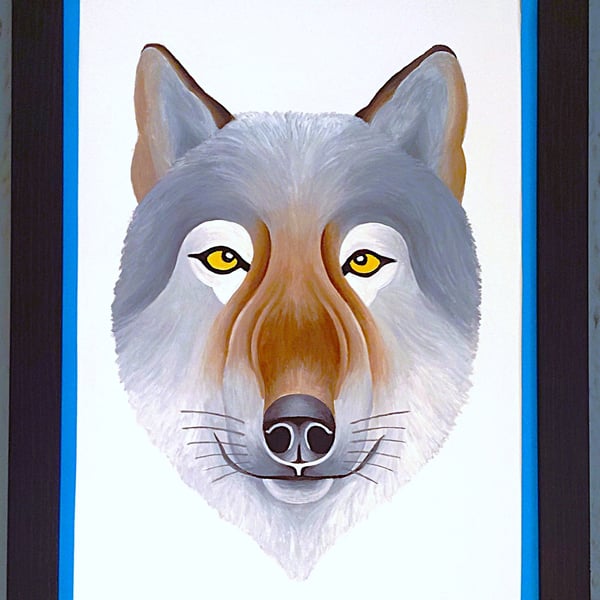 Handmade Unique Framed A3 Print Wolf Portrait Blue Border Wallart Gift Present