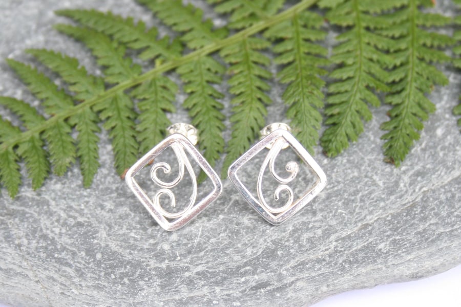 Silver fern earrings, square silver stud earrings