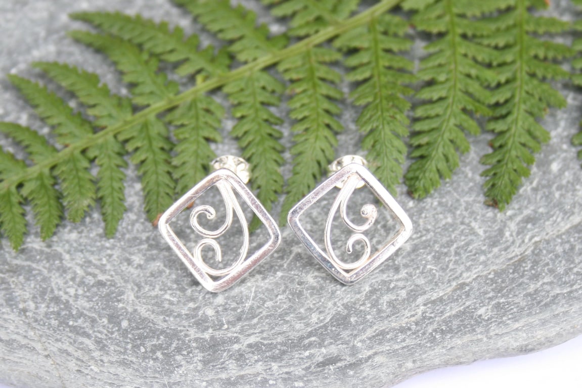 Silver fern earrings, square silver stud earrings
