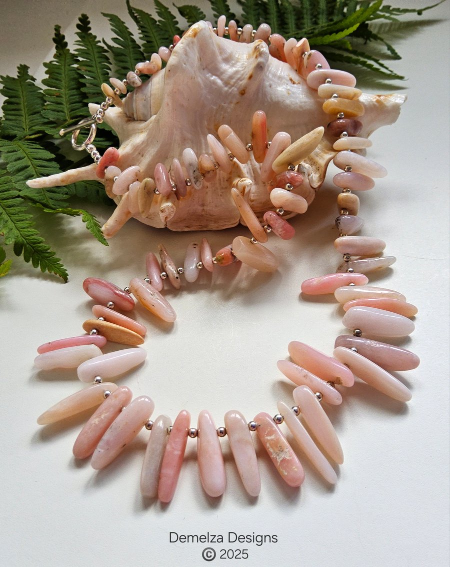 'AA'  Puruvian Pink Opal Toothed Sterling Silver Necklace ONE OFF