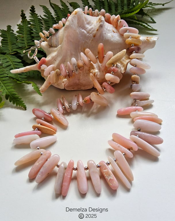 'AA'  Puruvian Pink Opal Toothed Sterling Silver Necklace ONE OFF