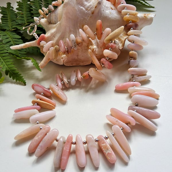'AA'  Puruvian Pink Opal Toothed Sterling Silver Necklace ONE OFF