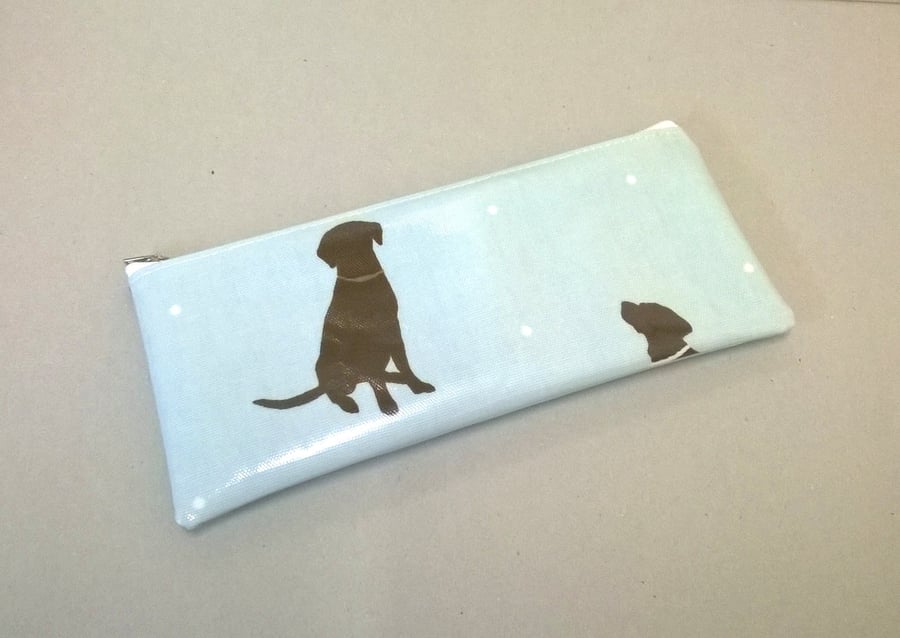 Pencil case in pale blue with dog pattern, large size, oilcloth