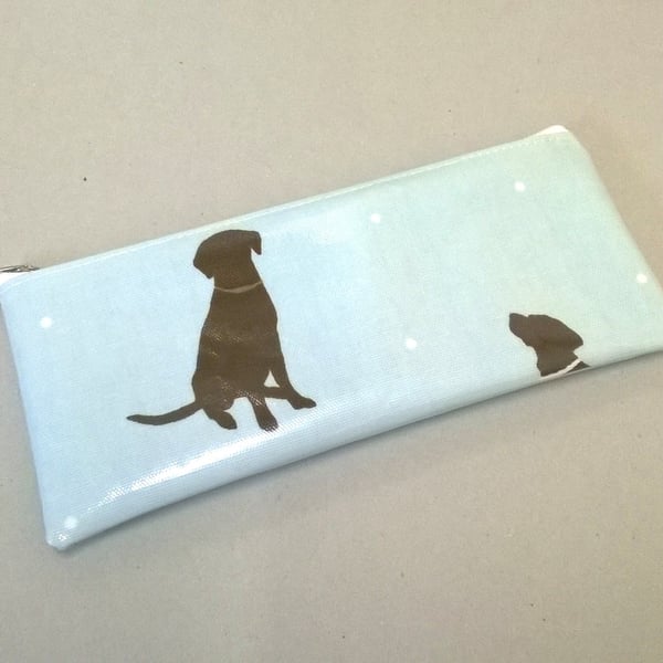 Pencil case in pale blue with dog pattern, large size, oilcloth