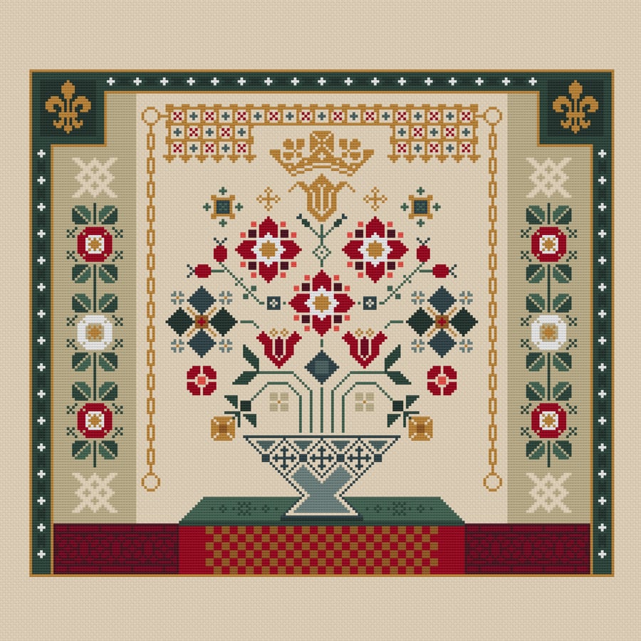 269 - Cross Stitch Sampler Regal House of Tudor Red and White Roses Sampler