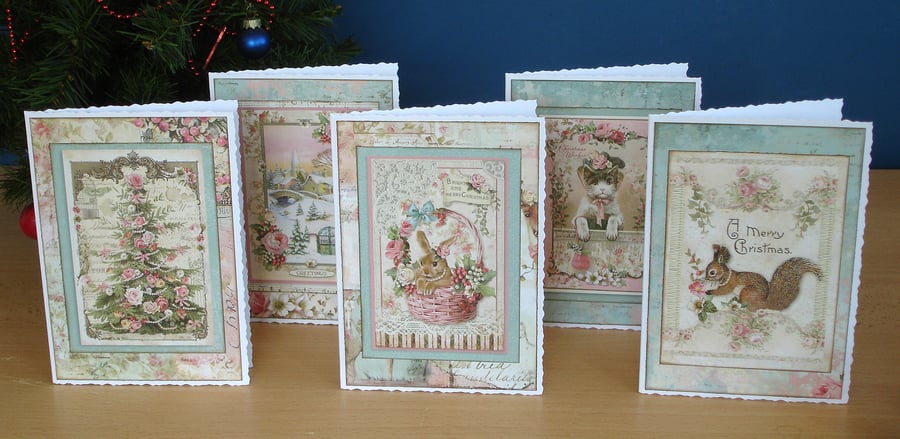 Christmas cards, Set of 5, vintage nostalgic design