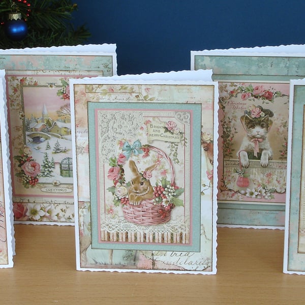 Christmas cards, Set of 5, vintage nostalgic design