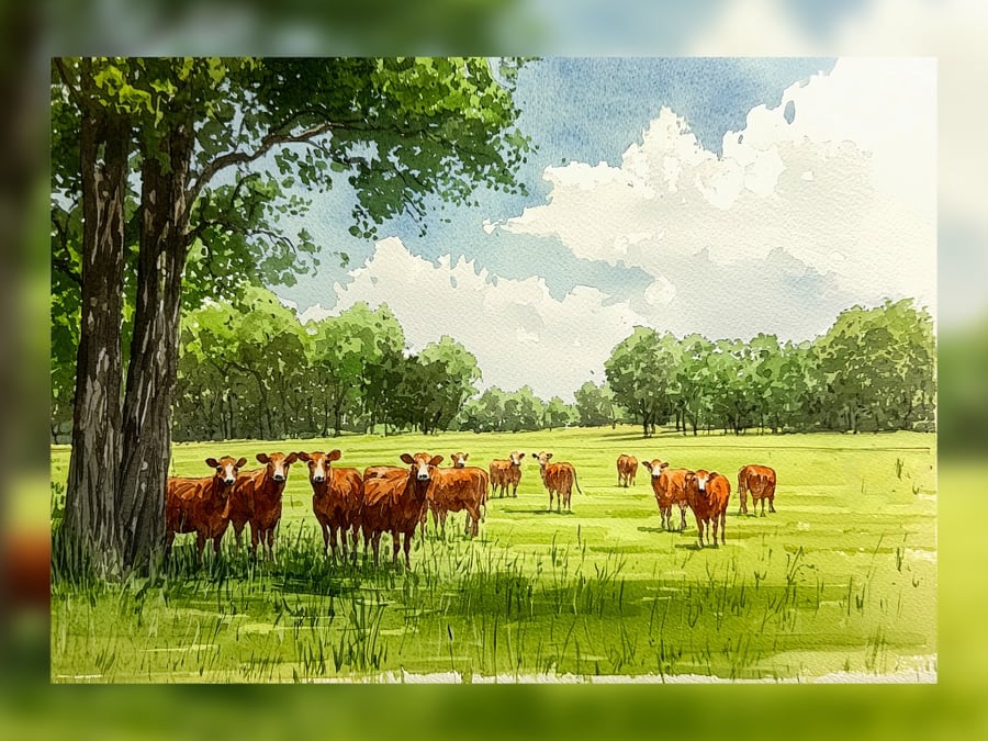 Pasture Cattle Watercolor 5" x 7" Matte Print