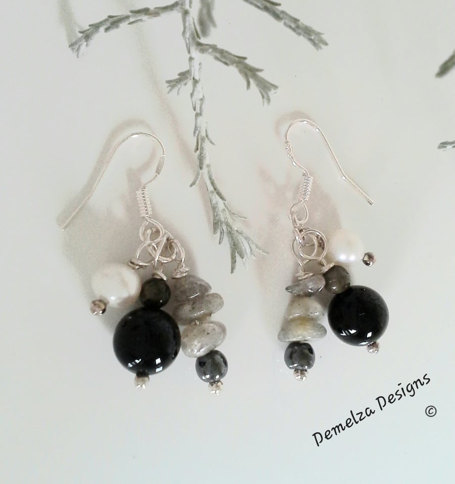 Black Onyx, Freshwater Pearls, Labradorite & Heamotite 925 Silver Earrings
