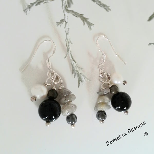 Black Onyx, Freshwater Pearls, Labradorite & Heamotite 925 Silver Earrings