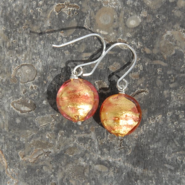 Sterling silver and Murano glass earrings - rose pink and yellow gold foil
