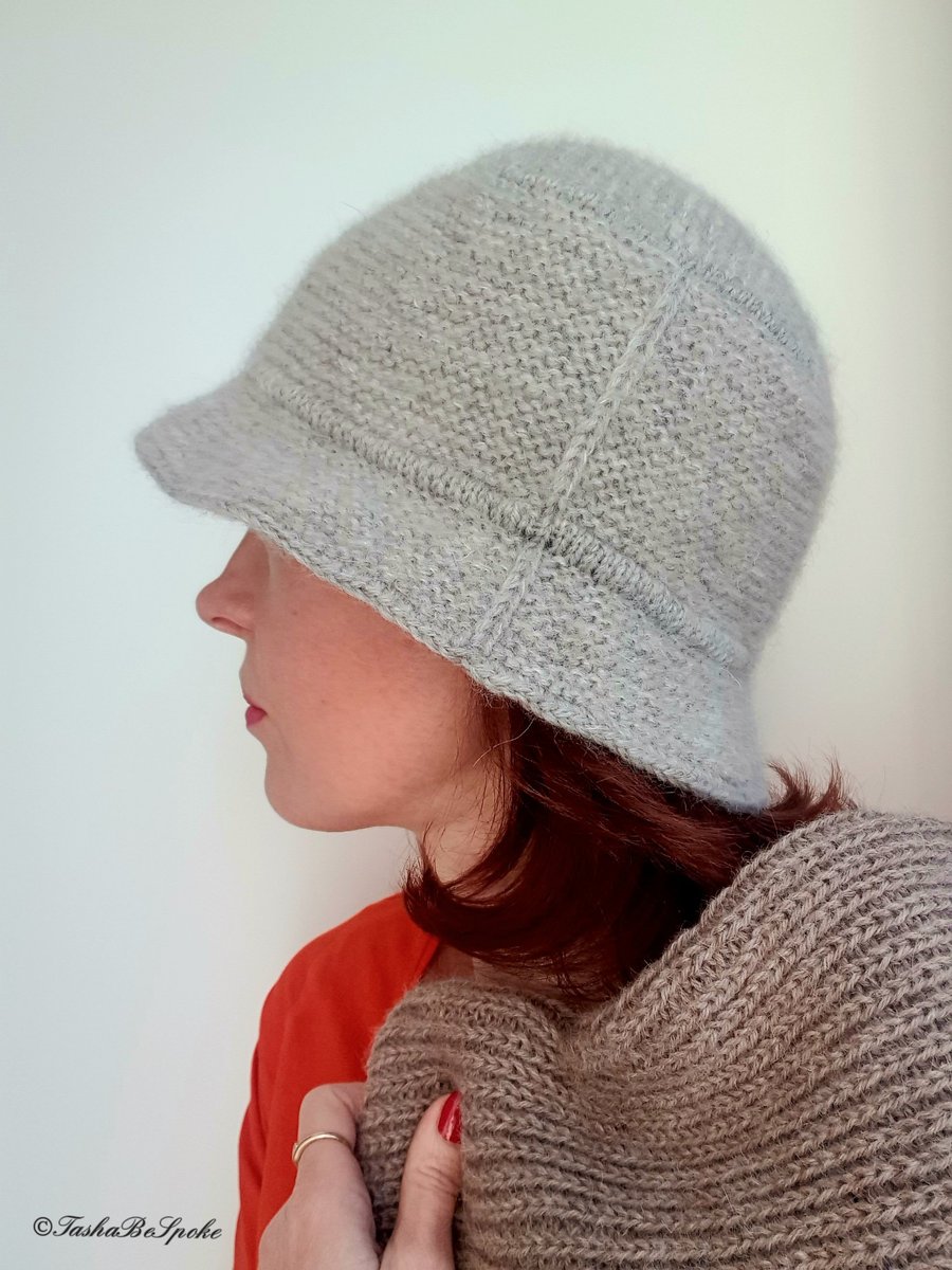 Knitted winter panama style hat, Wool knit hat, Beige mohair bucket hat