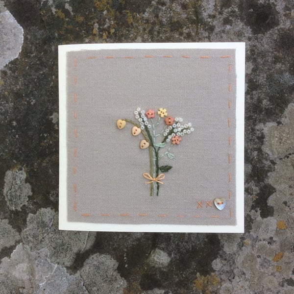 Little Button and Bead Posie hand embroidered card