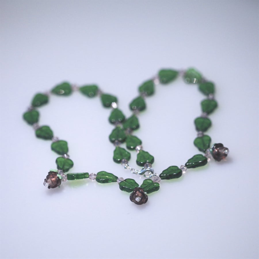 Leaf and Flower Glass Bead Necklace - UK Free Post