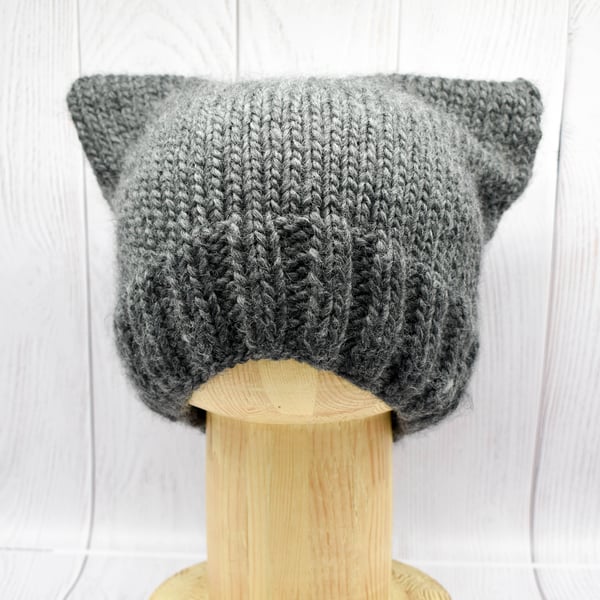 Hand Knitted kitty hat in charcoal grey - Medium