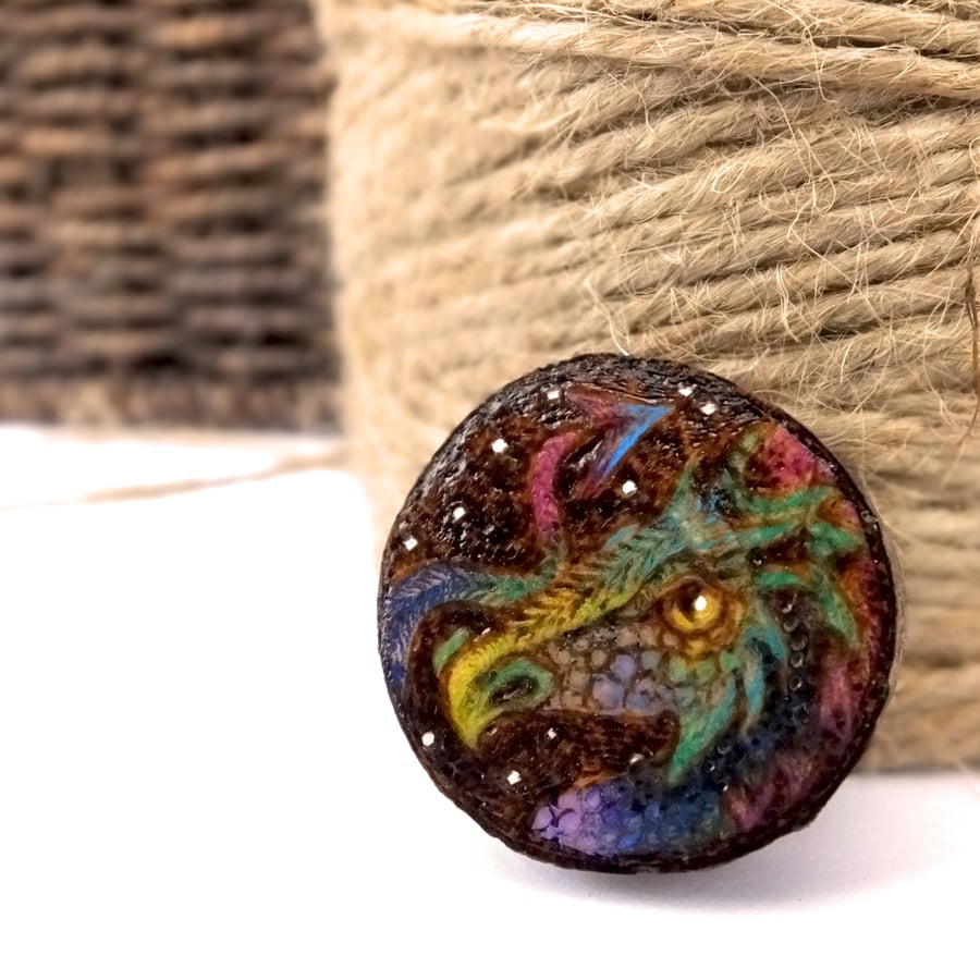 Rainbow dragon, wooden tree slice pyrography brooch. Rustic branch pin.