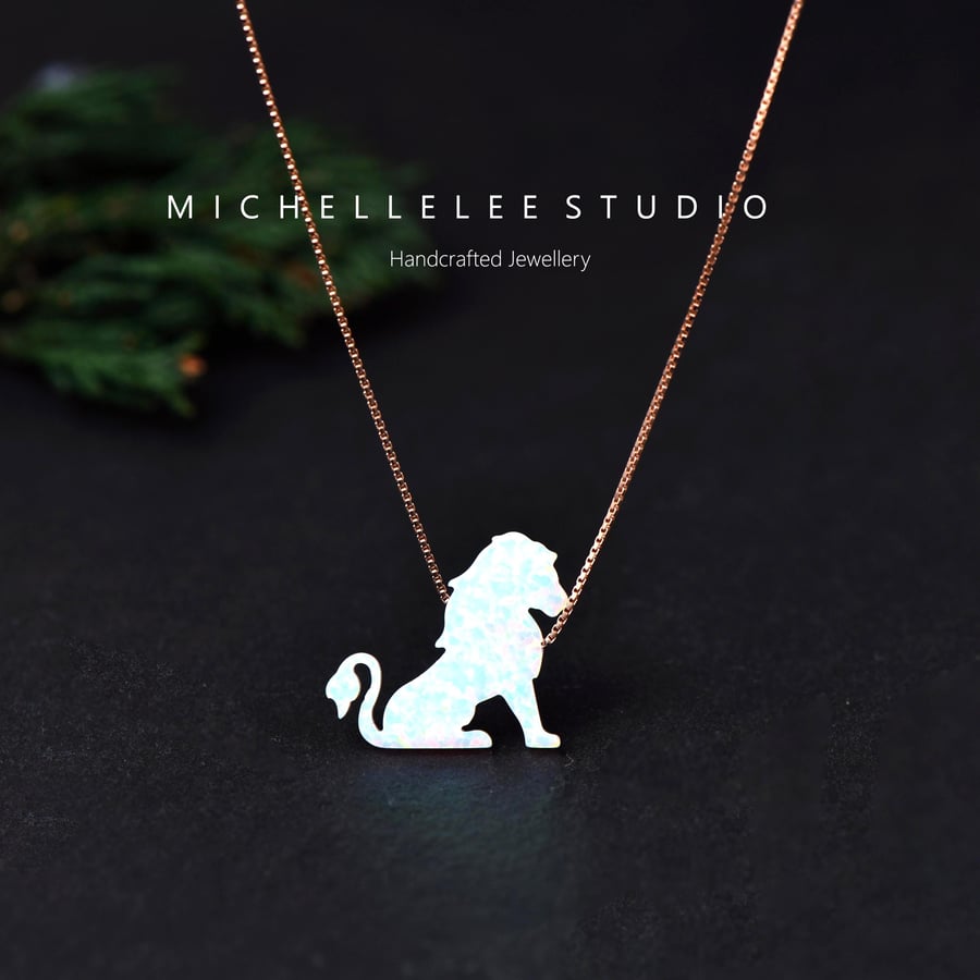 White Opal Lion Pendant Necklace With 925 Sterling Silver Chain