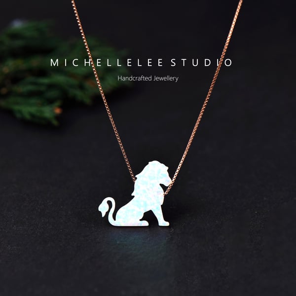 White Opal Lion Pendant Necklace With 925 Sterling Silver Chain