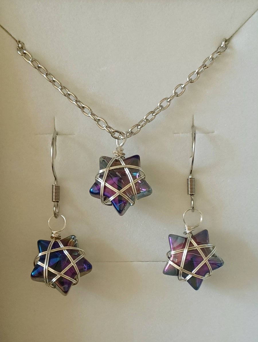 Wire Wrapped Star Necklace and Earrings - Purple Blue