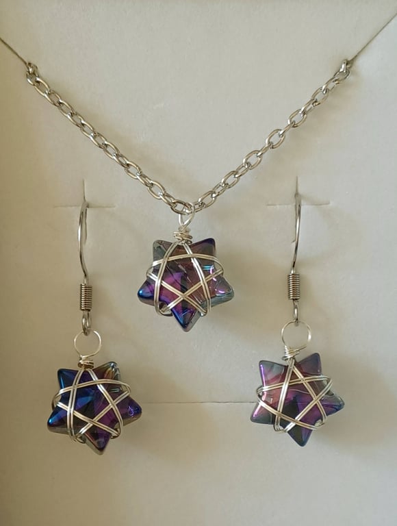 Wire Wrapped Star Necklace and Earrings - Purple Blue