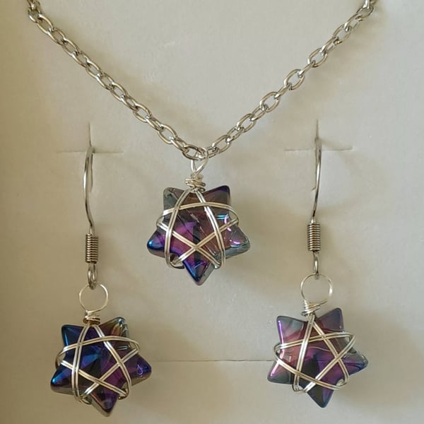 Wire Wrapped Star Necklace and Earrings - Purple Blue