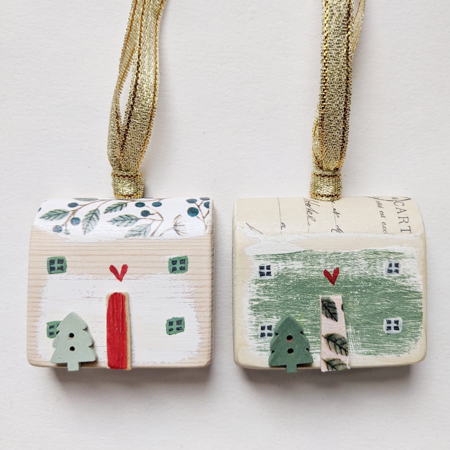 Set of 2 Painted Christmas House Hanging Decorations