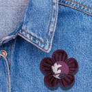 Deep Plum Purple Felt Kanzashi Brooch with Fabric Button Centre 