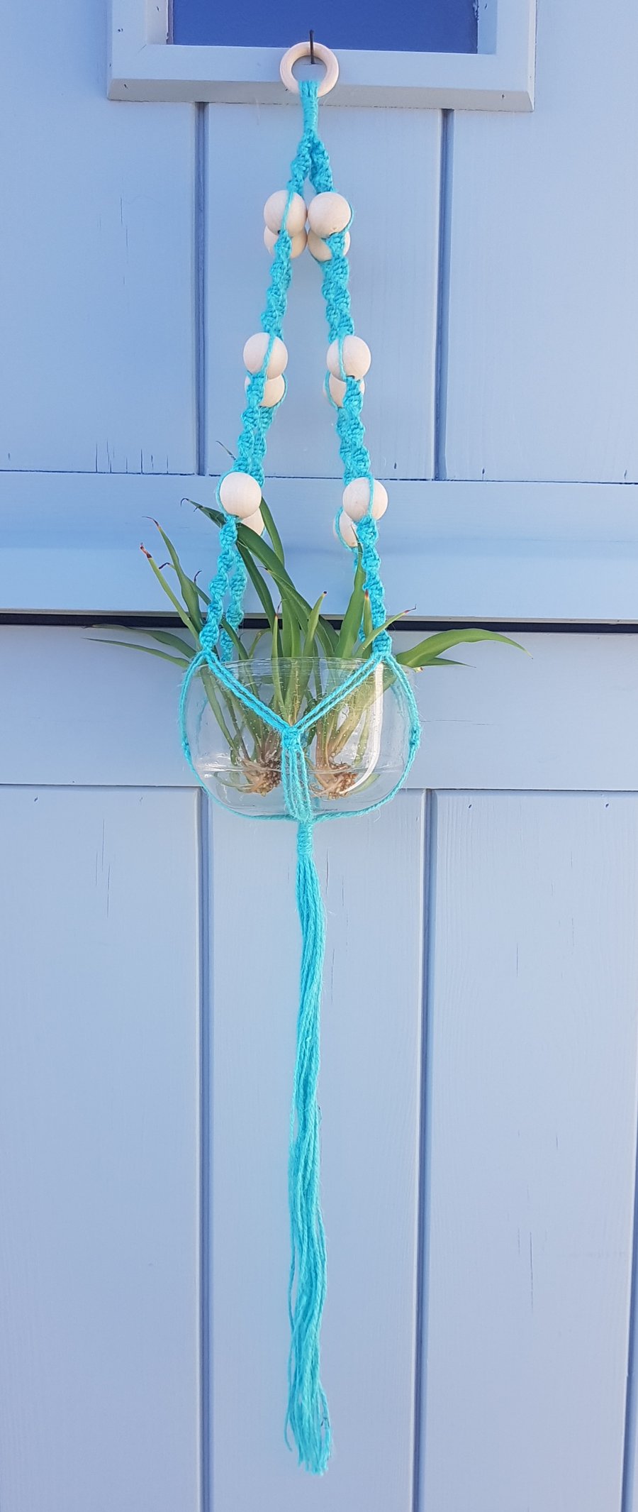 Seconds Sunday Rustic macramé plant holder hanging basket with wooden beads