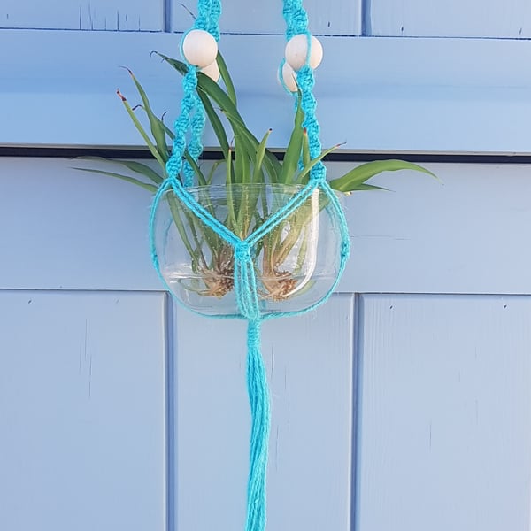 Seconds Sunday Rustic macramé plant holder hanging basket with wooden beads