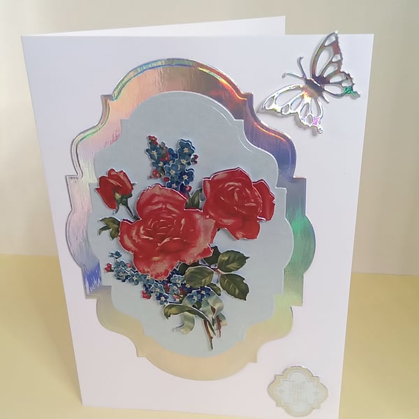 Blank Card, Red Roses and Forget-me-nots 