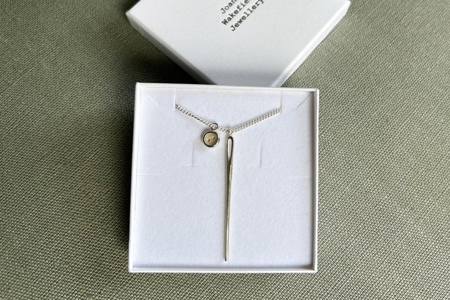 Needle and button necklace, silver needle, vintage buutton