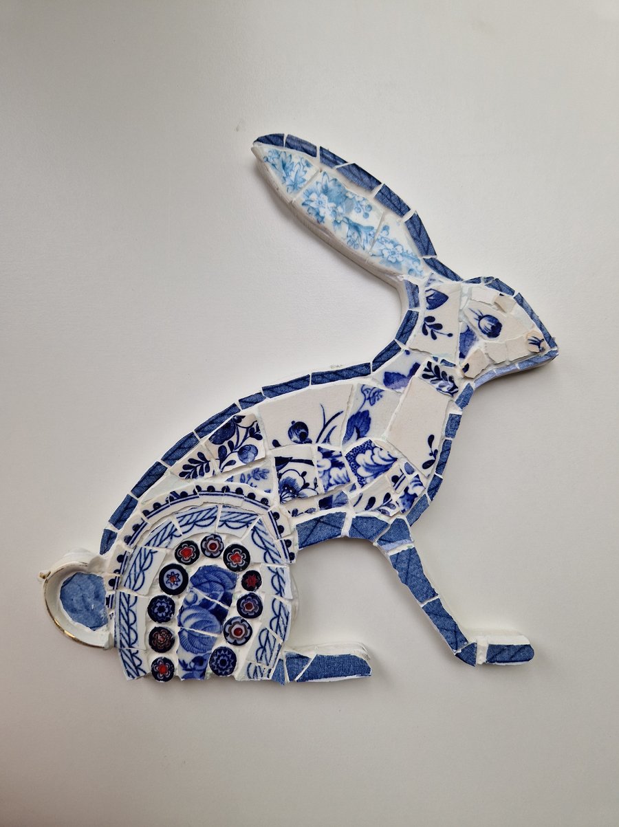 Blue & White China Hare Mosaic, Hare Mosaic, Mosaic Hare, Recycled Art, Mosaic