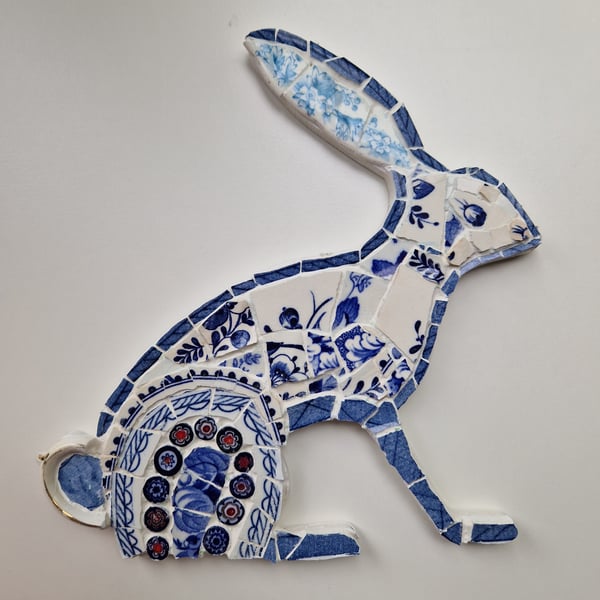Blue & White China Hare Mosaic, Hare Mosaic, Mosaic Hare, Recycled Art, Mosaic