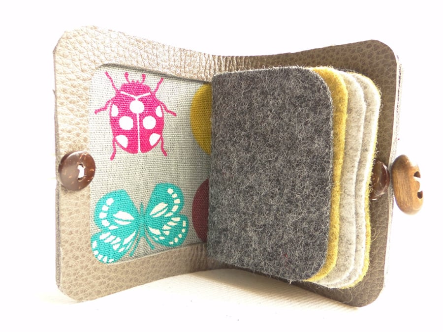 Insect Fabric Needle Case - Sewing Accessory - Grey Leather Needle Book 