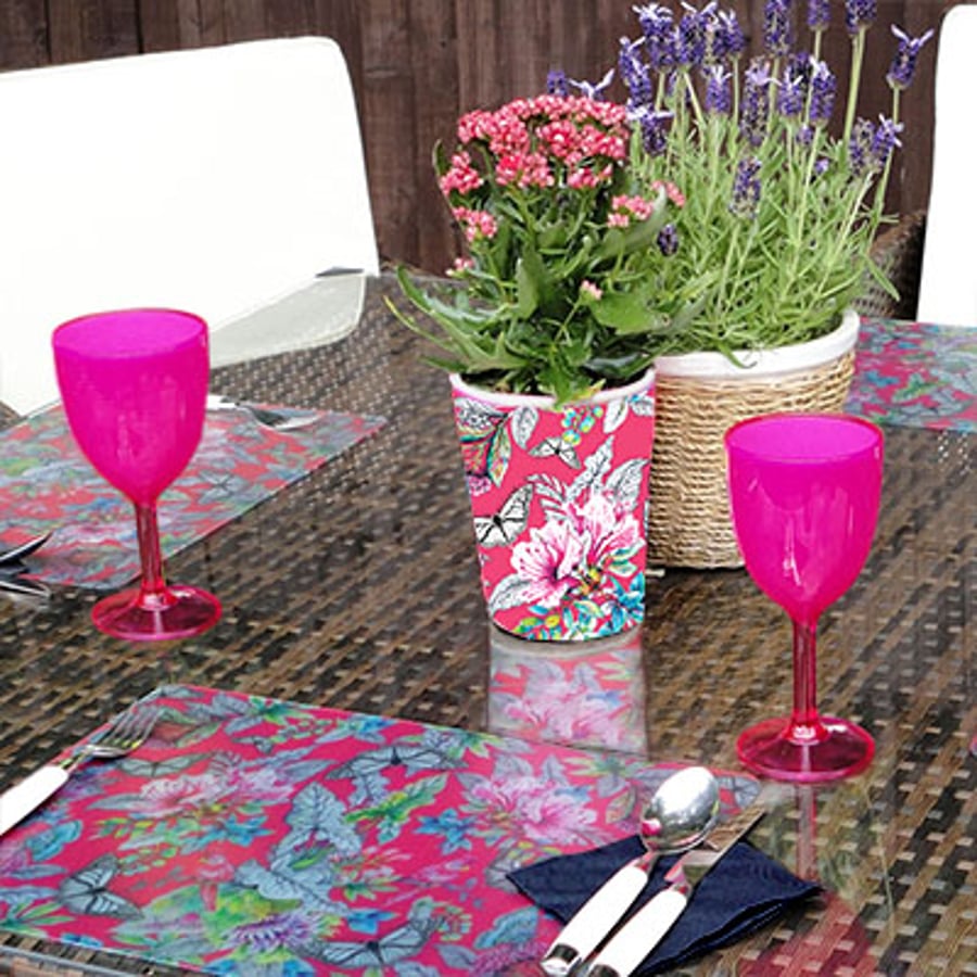  Plastic Placemats - Tropical Red Chintz Cockatoo & Butterfly- Set of Four