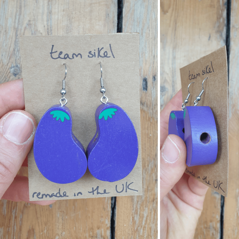 Aubergine Earrings - Upcycled Wooden Food Beads
