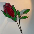 Stained glass red rose on long twisted wire stem
