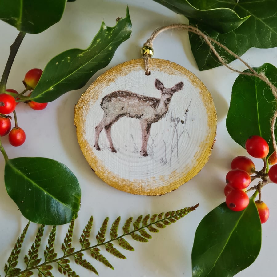 Christmas autumn decoration woodland deer wood slice hanging decoration