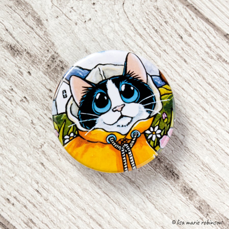 Tuxedo Cat Yellow Raincoat Button Badge - 38mm